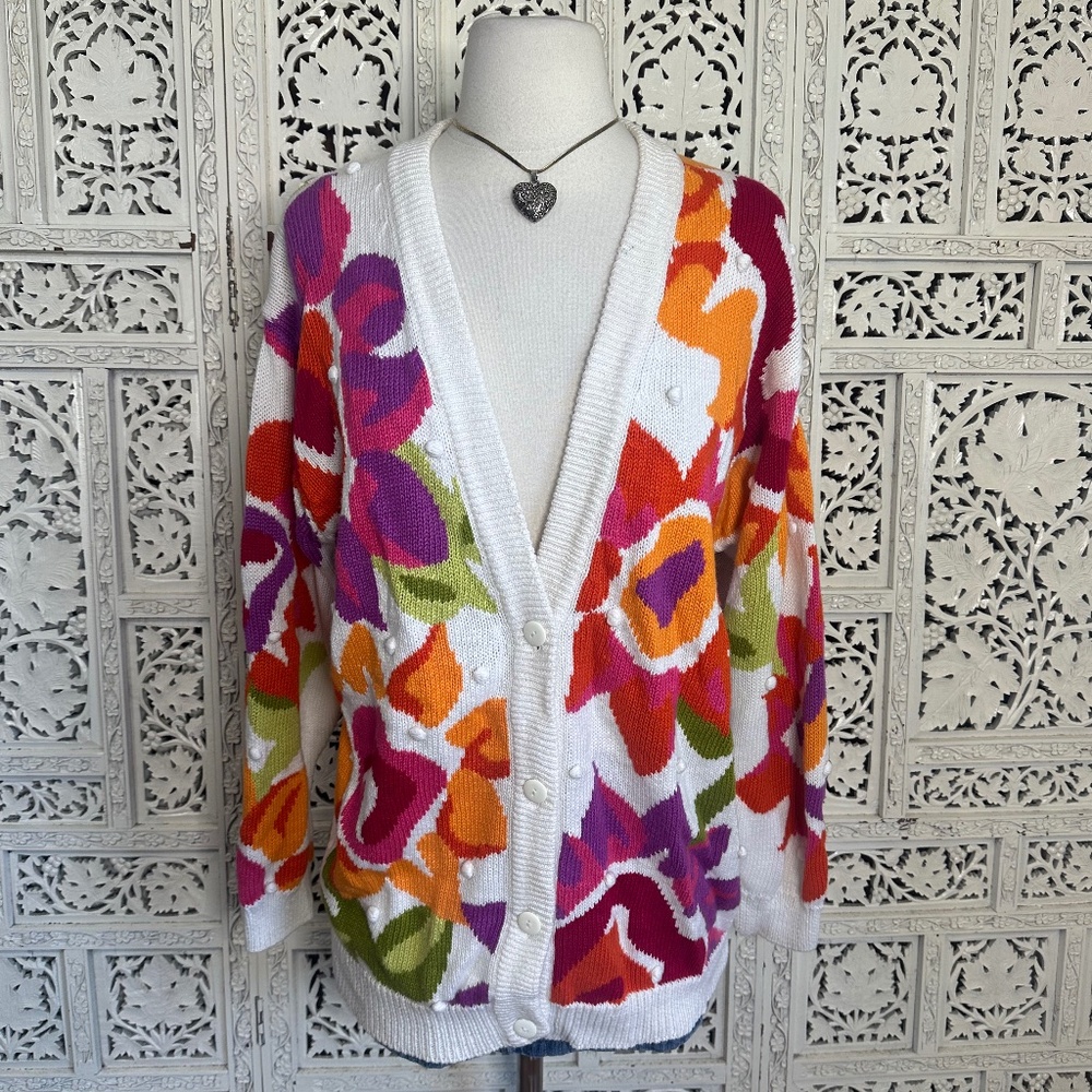 Vtg‎ IB Diffusion Colorful Chunky Grannycore Floral Button Up Cardigan Sz Small